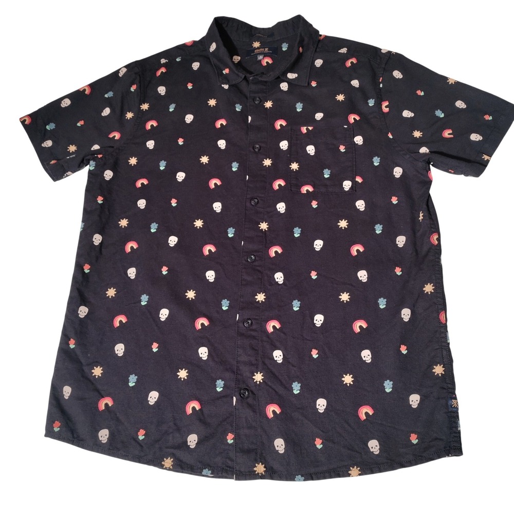 Roark Mens Large Black Skull Rainbow Print Linen Cotton Button Down Shirt L